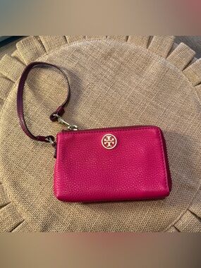 Tory Burch Hot Pink Pebbled Leather Wristlet with Gold Logo